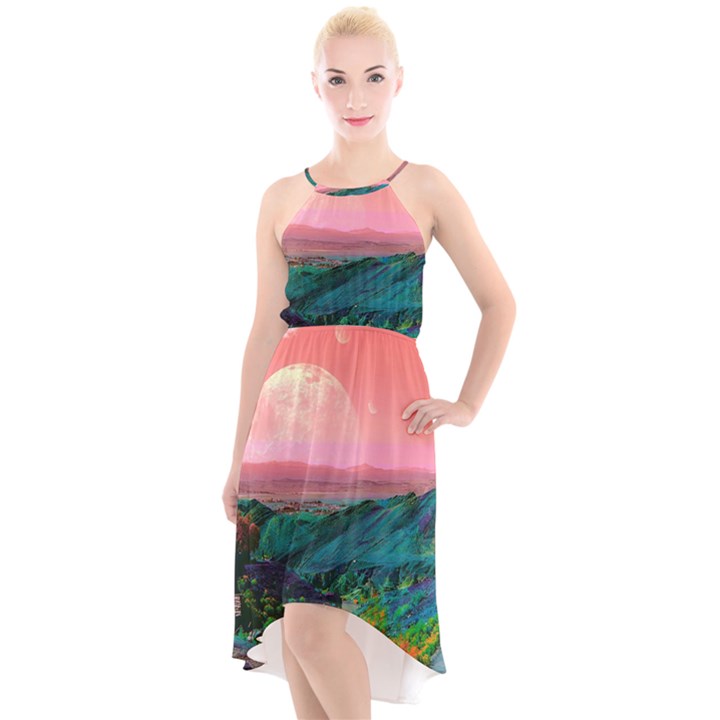 Unicorn Valley Aesthetic Clouds Landscape Mountain Nature Pop Art Surrealism Retrowave High-Low Halter Chiffon Dress 