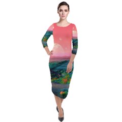 Unicorn Valley Aesthetic Clouds Landscape Mountain Nature Pop Art Surrealism Retrowave Quarter Sleeve Midi Velour Bodycon Dress by Cemarart