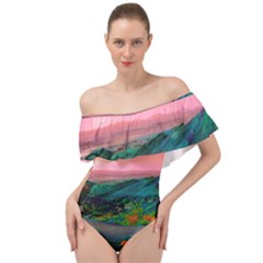 Unicorn Valley Aesthetic Clouds Landscape Mountain Nature Pop Art Surrealism Retrowave Off Shoulder Velour Bodysuit  by Cemarart