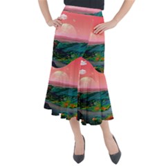 Unicorn Valley Aesthetic Clouds Landscape Mountain Nature Pop Art Surrealism Retrowave Midi Mermaid Skirt by Cemarart