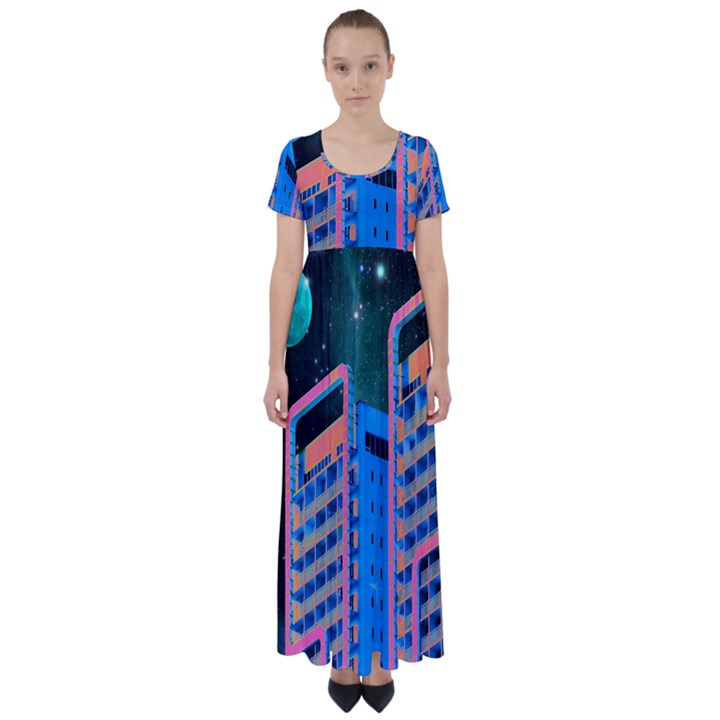 Fantasy City Architecture Building Cityscape High Waist Short Sleeve Maxi Dress