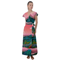 Unicorn Valley Aesthetic Clouds Landscape Mountain Nature Pop Art Surrealism Retrowave Flutter Sleeve Maxi Dress by Cemarart