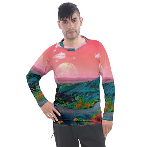 Unicorn Valley Aesthetic Clouds Landscape Mountain Nature Pop Art Surrealism Retrowave Men s Pique Long Sleeve T-shirt by Cemarart