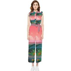 Unicorn Valley Aesthetic Clouds Landscape Mountain Nature Pop Art Surrealism Retrowave Women s Frill Top Chiffon Jumpsuit by Cemarart