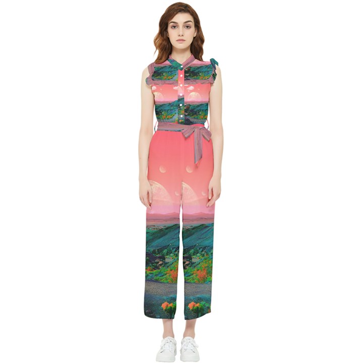 Unicorn Valley Aesthetic Clouds Landscape Mountain Nature Pop Art Surrealism Retrowave Women s Frill Top Chiffon Jumpsuit