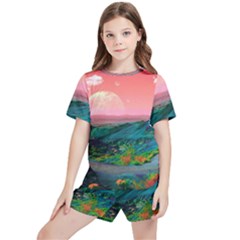 Unicorn Valley Aesthetic Clouds Landscape Mountain Nature Pop Art Surrealism Retrowave Kids  T-shirt And Sports Shorts Set by Cemarart