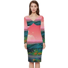 Unicorn Valley Aesthetic Clouds Landscape Mountain Nature Pop Art Surrealism Retrowave Long Sleeve V-neck Bodycon Dress  by Cemarart