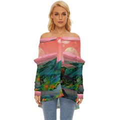 Unicorn Valley Aesthetic Clouds Landscape Mountain Nature Pop Art Surrealism Retrowave Off Shoulder Chiffon Pocket Shirt by Cemarart