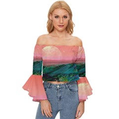 Unicorn Valley Aesthetic Clouds Landscape Mountain Nature Pop Art Surrealism Retrowave Off Shoulder Flutter Bell Sleeve Top by Cemarart