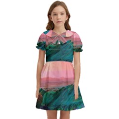 Unicorn Valley Aesthetic Clouds Landscape Mountain Nature Pop Art Surrealism Retrowave Kids  Bow Tie Puff Sleeve Dress by Cemarart