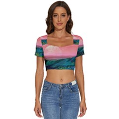 Unicorn Valley Aesthetic Clouds Landscape Mountain Nature Pop Art Surrealism Retrowave Short Sleeve Square Neckline Crop Top  by Cemarart