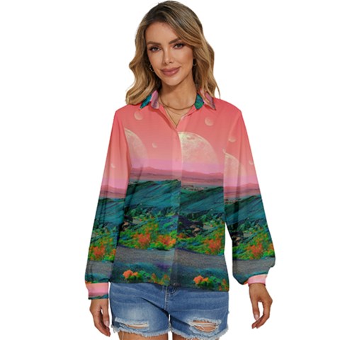 Unicorn Valley Aesthetic Clouds Landscape Mountain Nature Pop Art Surrealism Retrowave Women s Long Sleeve Button Up Shirt by Cemarart