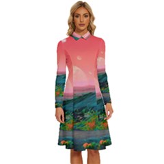 Unicorn Valley Aesthetic Clouds Landscape Mountain Nature Pop Art Surrealism Retrowave Long Sleeve Shirt Collar A-line Dress by Cemarart