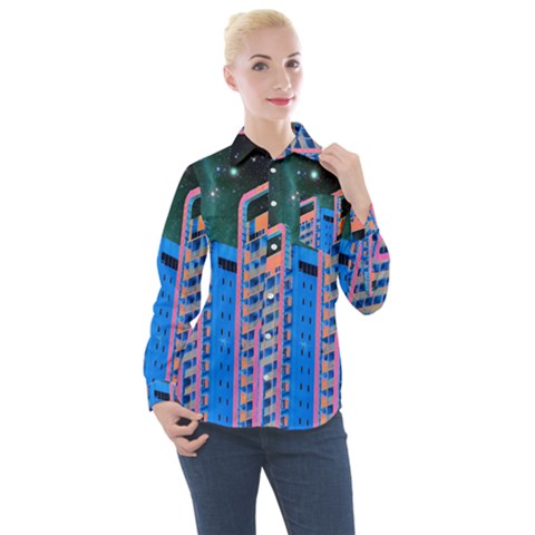 Fantasy City Architecture Building Cityscape Women s Long Sleeve Pocket Shirt by Cemarart