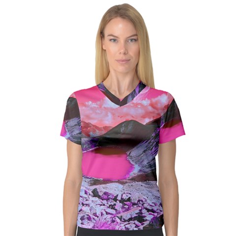 Late Night Feelings Aesthetic Clouds Color Manipulation Landscape Mountain Nature Surrealism Psicode V-neck Sport Mesh T-shirt by Cemarart