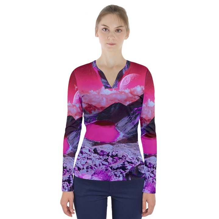 Late Night Feelings Aesthetic Clouds Color Manipulation Landscape Mountain Nature Surrealism Psicode V-Neck Long Sleeve Top