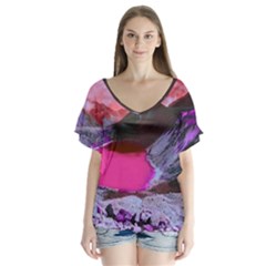 Late Night Feelings Aesthetic Clouds Color Manipulation Landscape Mountain Nature Surrealism Psicode V-neck Flutter Sleeve Top by Cemarart