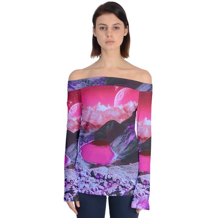 Late Night Feelings Aesthetic Clouds Color Manipulation Landscape Mountain Nature Surrealism Psicode Off Shoulder Long Sleeve Top