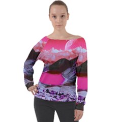 Late Night Feelings Aesthetic Clouds Color Manipulation Landscape Mountain Nature Surrealism Psicode Off Shoulder Long Sleeve Velour Top by Cemarart