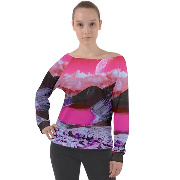 Late Night Feelings Aesthetic Clouds Color Manipulation Landscape Mountain Nature Surrealism Psicode Off Shoulder Long Sleeve Velour Top