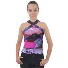 Late Night Feelings Aesthetic Clouds Color Manipulation Landscape Mountain Nature Surrealism Psicode Cross Neck Velour Top by Cemarart