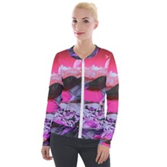 Late Night Feelings Aesthetic Clouds Color Manipulation Landscape Mountain Nature Surrealism Psicode Velvet Zip Up Jacket by Cemarart