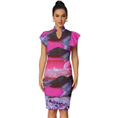 Late Night Feelings Aesthetic Clouds Color Manipulation Landscape Mountain Nature Surrealism Psicode Vintage Frill Sleeve V-neck Bodycon Dress by Cemarart