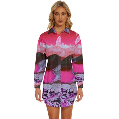 Late Night Feelings Aesthetic Clouds Color Manipulation Landscape Mountain Nature Surrealism Psicode Womens Long Sleeve Shirt Dress by Cemarart