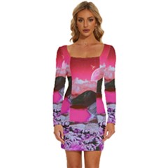 Late Night Feelings Aesthetic Clouds Color Manipulation Landscape Mountain Nature Surrealism Psicode Long Sleeve Square Neck Bodycon Velvet Dress by Cemarart