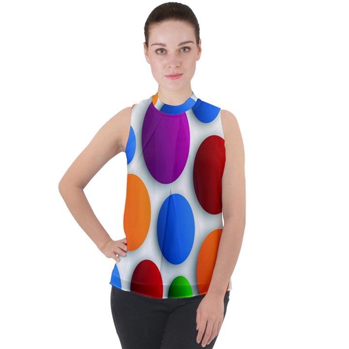 Abstract Dots Colorful Mock Neck Chiffon Sleeveless Top