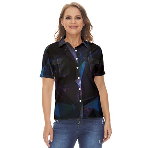 Abstract, Black, Purple, Women s Short Sleeve Double Pocket Shirt by nateshop