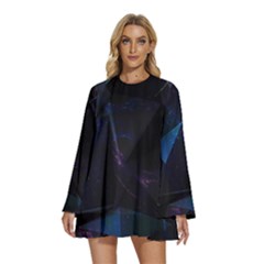 Abstract, Black, Purple, Round Neck Long Sleeve Bohemian Style Chiffon Mini Dress by nateshop