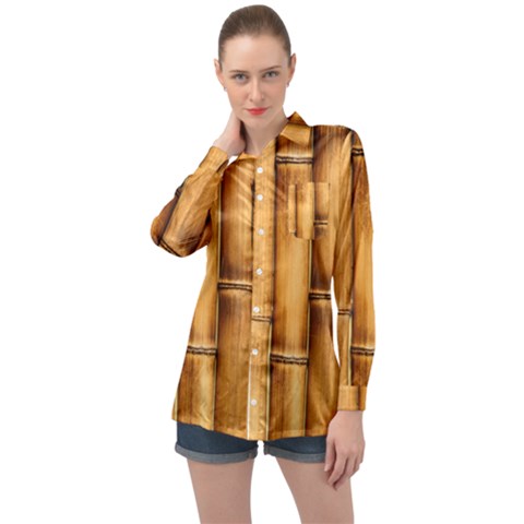 Brown Bamboo Texture  Long Sleeve Satin Shirt by nateshop