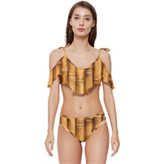 Brown Bamboo Texture  Ruffle Edge Tie Up Bikini Set	 by nateshop