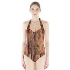 Brown Wooden Texture Halter Swimsuit by nateshop