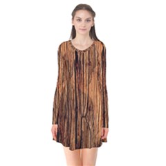 Brown Wooden Texture Long Sleeve V-neck Flare Dress by nateshop