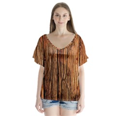 Brown Wooden Texture V-neck Flutter Sleeve Top by nateshop