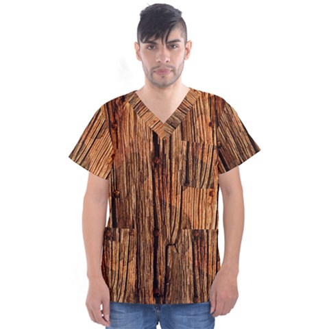 Brown Wooden Texture Men s V-neck Scrub Top by nateshop