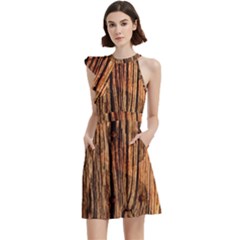 Brown Wooden Texture Cocktail Party Halter Sleeveless Dress With Pockets by nateshop