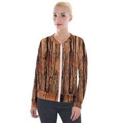 Brown Wooden Texture Velvet Zip Up Jacket by nateshop