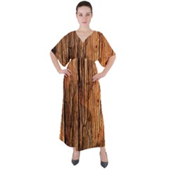 Brown Wooden Texture V-neck Boho Style Maxi Dress by nateshop