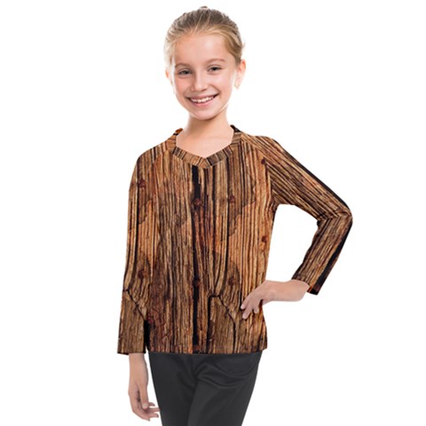 Brown Wooden Texture Kids  Long Mesh T-shirt by nateshop