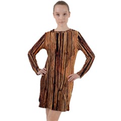 Brown Wooden Texture Long Sleeve Hoodie Dress by nateshop