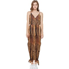 Brown Wooden Texture Sleeveless Tie Ankle Chiffon Jumpsuit by nateshop