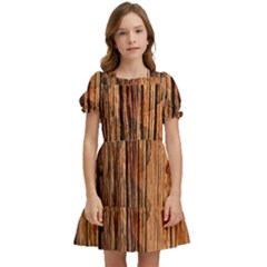 Brown Wooden Texture Kids  Puff Sleeved Dress