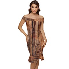 Brown Wooden Texture Off Shoulder Ruffle Split Hem Bodycon Dress by nateshop