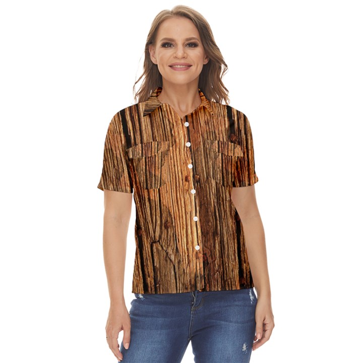 Brown Wooden Texture Women s Short Sleeve Double Pocket Shirt