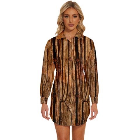 Brown Wooden Texture Womens Long Sleeve Shirt Dress by nateshop