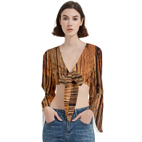 Brown Wooden Texture Trumpet Sleeve Cropped Top by nateshop