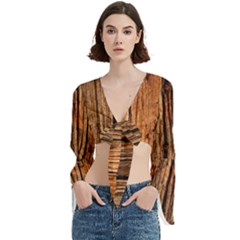 Brown Wooden Texture Trumpet Sleeve Cropped Top